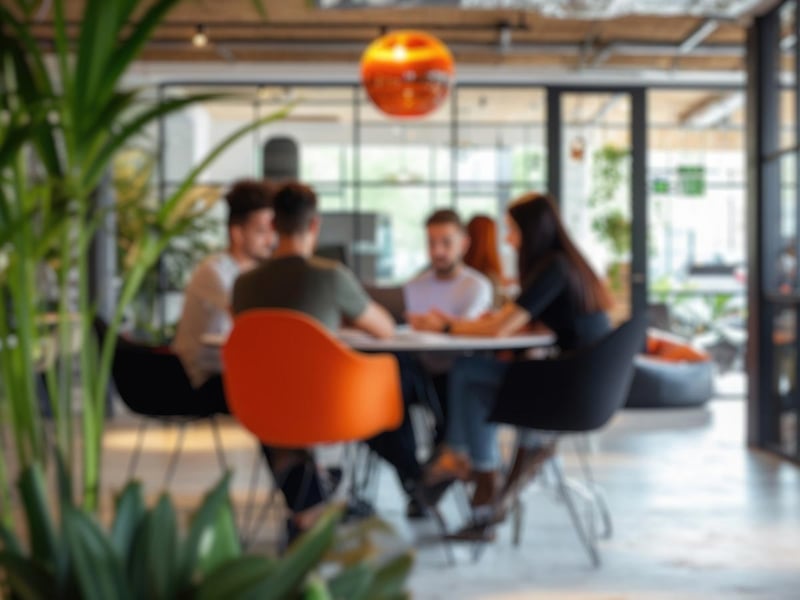 Blurred photo capturing the dynamic atmosphere of a modern open-plan office with people engaged in discussion and work